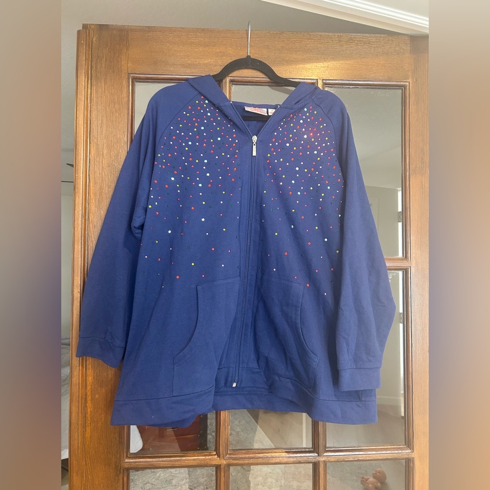 Quacker Factory Sparkle & Shine Zip-Up Hood Sweater Rhinestone Jacket Plus 1X - Picture 2 of 8